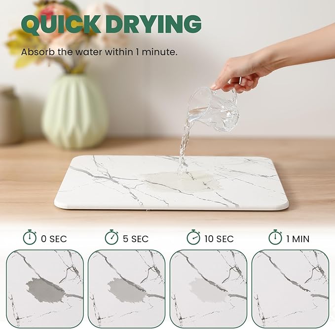 2 Pack Quick Dry Stone Drying Mat for Kitchen Counter, Water-Absorbent Diatomaceous Dish Drying Mats, Multi-Purpose Stone Drying Tray for Cups Dishes Bottles, White-Marble