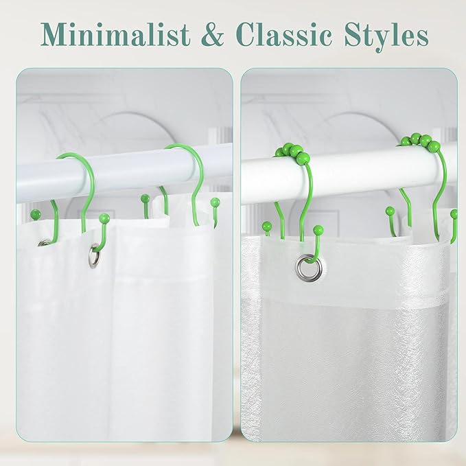 Goowin Shower Curtain Hooks, 12 Pcs Shower Curtain Rings, Stainless Steel Shower Curtain Hangers, Metal Shower Curtain Hooks Rings Rust Proof, Minimalist Shower Hooks for Shower Curtain, Green