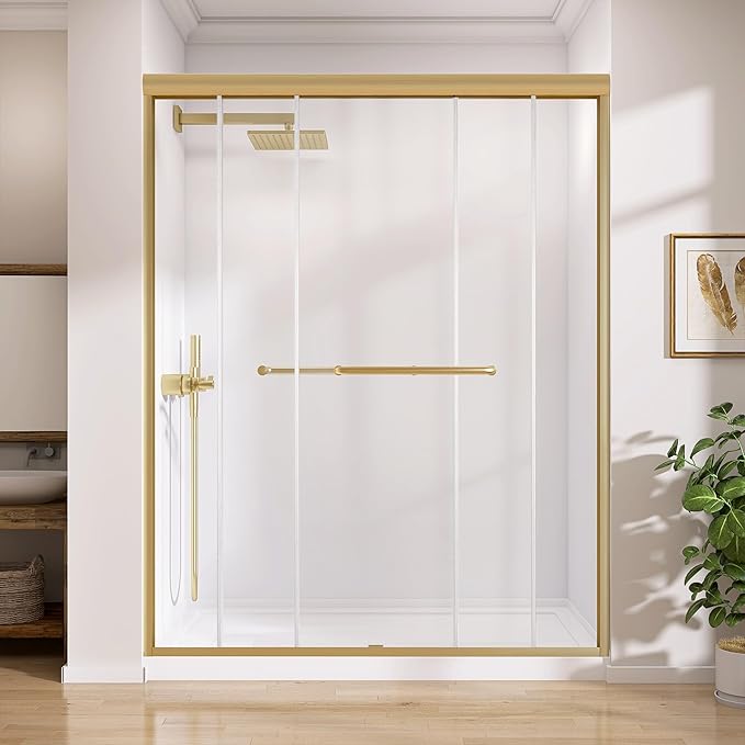 GETPRO Shower Door 56-60 in. W x 75 in. H Semi-Frameless Double Sliding Glass Shower Doors Bypass Glass Door for Walk-in Shower with 5/16 inch Tempered Glass Brushed Gold Hardwares
