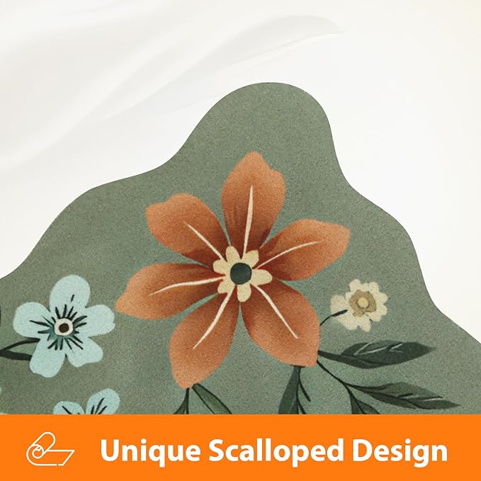 Scalloped Bohemian Boho Floral Flower Coffee Bar Mat Dish Drying Mats for Kitchen Counter, Kitchen Decor, (16"x24", Green 1)
