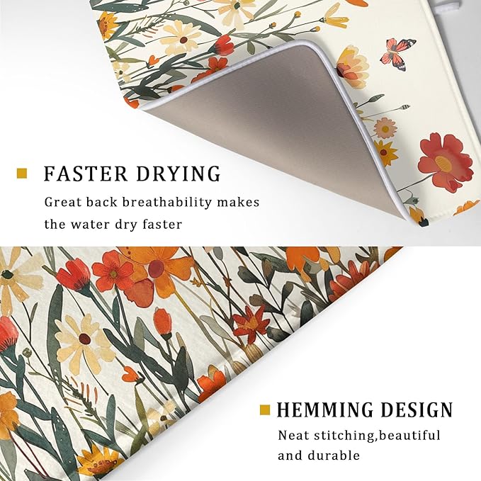 Fall Orange Wildflower Dish Drying Mat for Kitchen Counter,Autumn Floral Butterflies Drying Mat 18 x 24 Inch with Absorbent Reversible Microfiber Dish Drying Pad Dish Pad for Coffee Bar