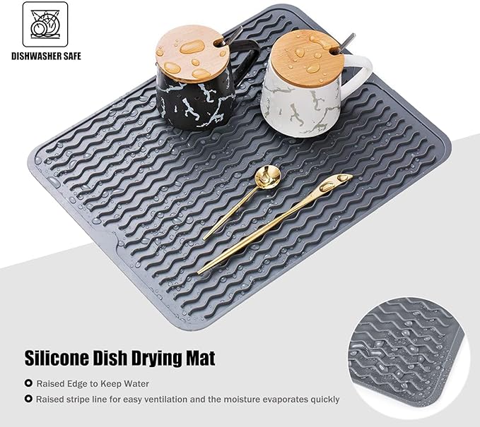 Silicone Dish Drying Mat for Multiple Usage, Easy clean, Eco-friendly, Heat-resistant Dish Drainer Mat for Kitchen Counter,Sink,Refrigerator or Drawer liner (16" x 12", White)