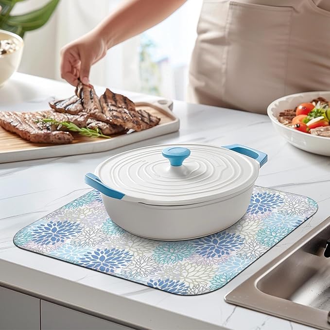 Dish Drying Mat Drainer Pads - Extra Large Microfiber Drying Mats for Dishes Kitchen Counter Super Absorbent Pads for Draining Racks (Blue,18"x24" )