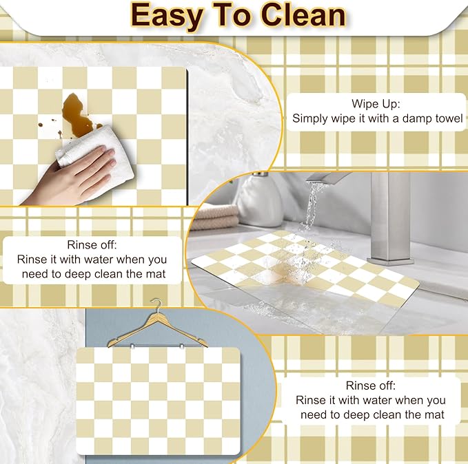 Dish Drying Mat for Kitchen, 15.7’’ X 17.7’’ Coffee Bar Mats for Countertop Fit Under Coffee Maker, Checkered Drying Mat, Hide Stain Rubber Backed Espresso Machine Absorbent Drying Pad, Beige & White