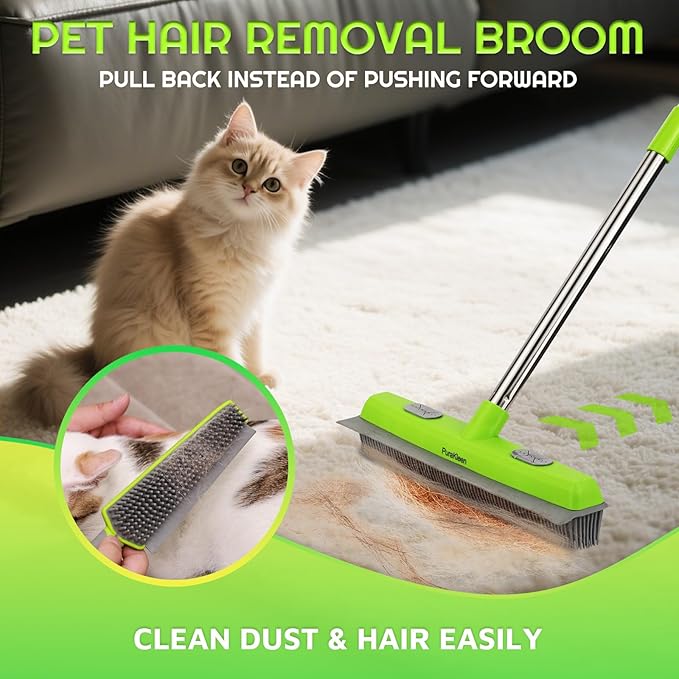 Carpet Rake for Pet Hair Removal with 61" Long Handle, 2 Microfiber Clothes, Squeegee & Pet Silicone Brush,4 in 1 Green Multi-Surface Hair Remover for Rugs,Carpets,Floors, Tiles, Couches