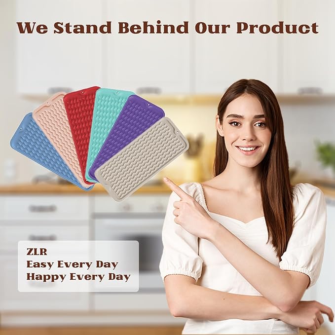 ZLR 2 Pcs Silicone Sponge Holder & Sink Caddy Tray (6" x 17") - Narrow Dish Drying Mat for Kitchen Counter - Waterproof Soap Dispenser Organizer, Non-Slip Bathroom Vanity Tray (Black)