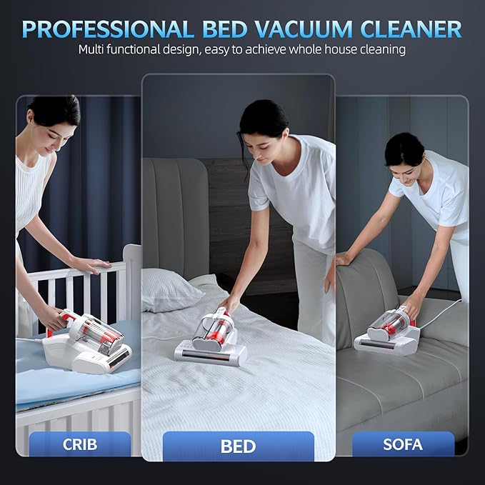 Mattress Vacuum Cleaner, 16Kpa 600W Bed Vacuum Cleaner with 253.7nm UV-C Light & Heating Tech & 40000 RPM/Min Brushroll Rotation, Widened Suction Port, Corded