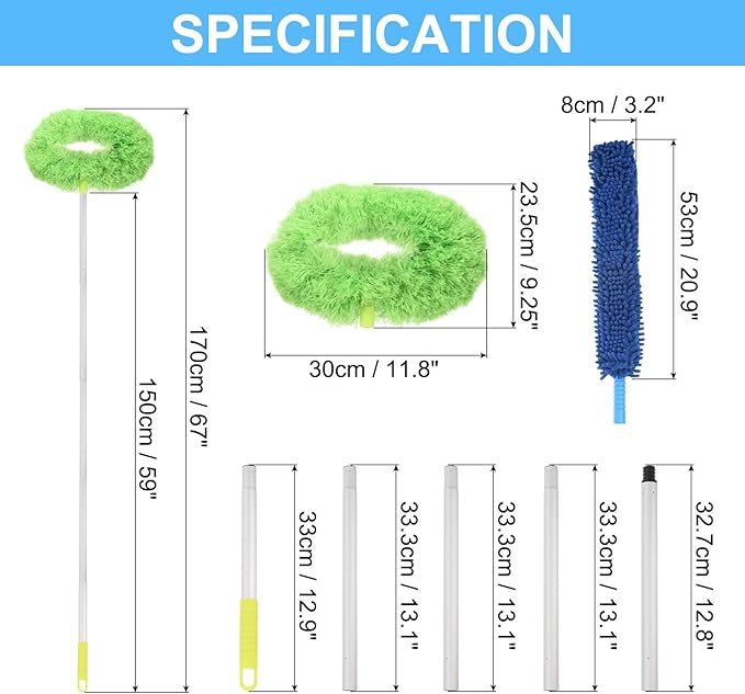 PATIKIL Ceiling Fan Cleaner Duster, 12.9" to 59", 2 in 1 Microfiber Duster Extendable Handle Fan Blade Cleaning Tool Removable Washable for Furniture Blind, Green
