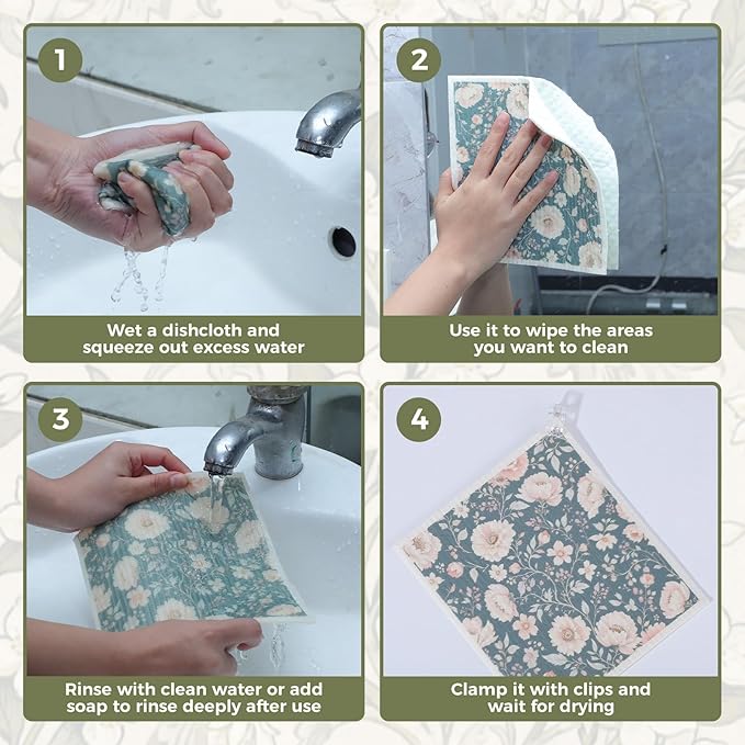 Needbrock 6 Pack William Morris Swedish Dishcloths for Kitchen,Swedish Rags Dish Towels with Clips, Reusable Paper Towels Washable Absorbent Cellulose Sponge Cloths No Odor for Cleaning Home Kitchen