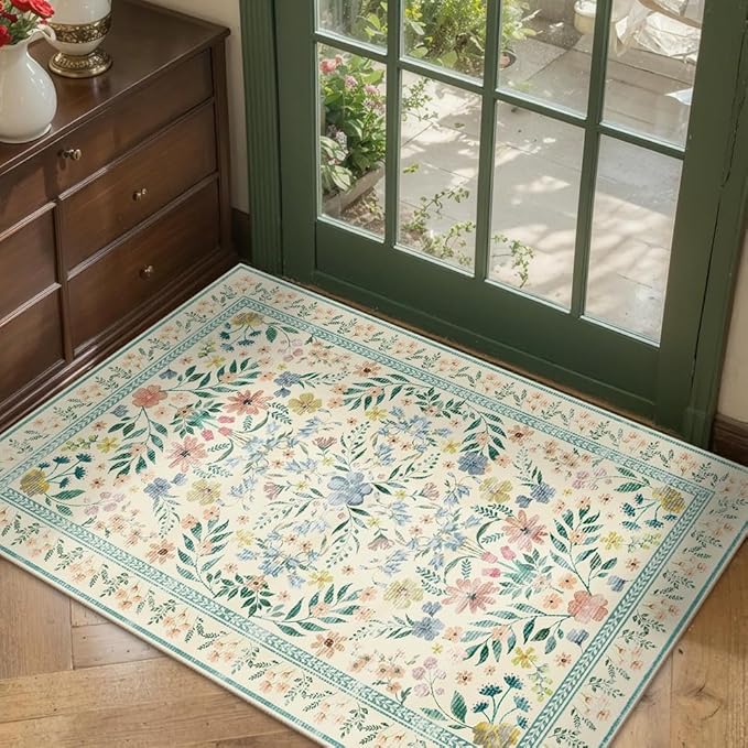 Door Mat Floral Entryway Rug, Washable Samll 2x3 Rug, Boho Green Front Door Mat, Non Slip Area Rugs, Low Pile Throw Accent Carpet for Indoor Entrance, Bathroom and Kitchen(Light Green 2x3ft)