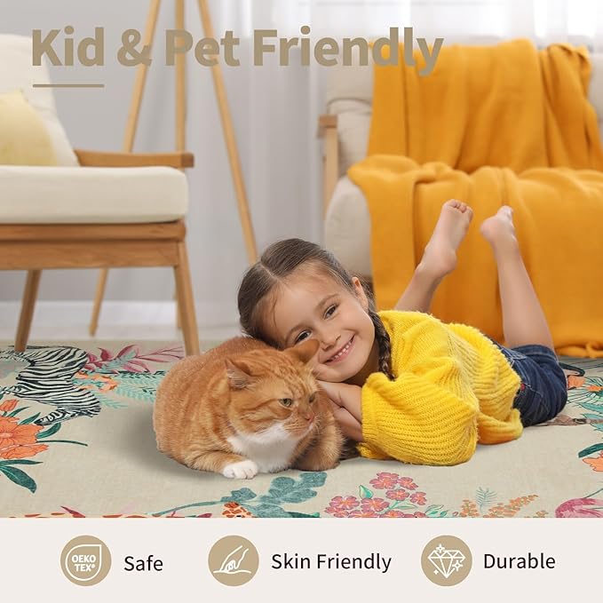 4x6 Rug for Living Room Bedroom, Beige Animal Washable Throw Rugs, Leopard/Cheetah/Zebra/Tiger Print Area Rugs, Non Slip & Low Pile Carpet for Indoor Dining Room,Kids Room and Nursery
