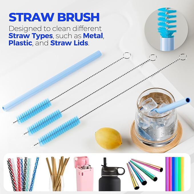 Holikme 6 Pack Brush Set, 14" Long Handle Stainless Steel Cleaner, 3 Straw Brushes, 4-in-1 Cleaning Brush for Water and Baby Bottles, Straws - Aqua