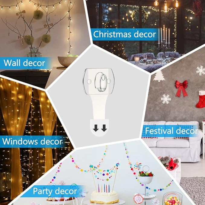 Ainiv 2-Packs Indoor Mini Light Clips, Damage Free Hanging Christmas String Light Hooks with Adhesive Strips, Clear Wall Clip for Hanging Lights Xmas Decor and Cables, 40 Clear Clips and 40 Strips