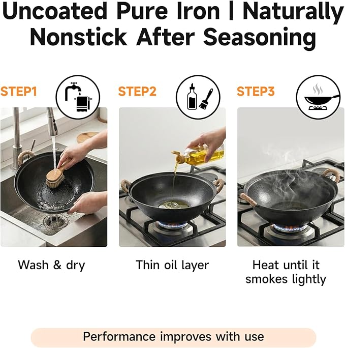 WANGYUANJI 11.8" Round Bottom Cast Iron Wok - Small Traditional Pow Wok for Camping & Open Fire - Gas Stove Compatible (Wok Ring Required) - Uncoated Stir Fry Pan with Cleaning Brush