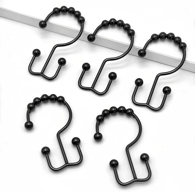Shower Curtain Hooks, 12 Pcs Rustproof Metal Shower Curtain Rings,Free Sliding Double Shower Hooks for Shower Curtain & Liners, Shower Curtain Hangers for Bathroom Shower Curtain Rods Curtains (Black)