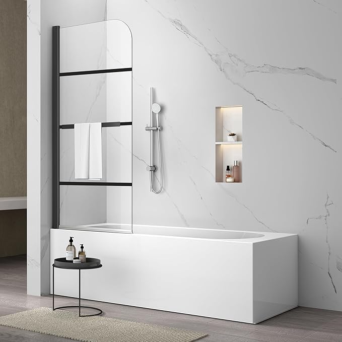 Sunrosa Pivot Tub Shower Door 34"58", Folding Bathtub Door With Tempered Glass, Frameless With Towel Bar, for Bathtub in Matte Black Grid Pattern 1