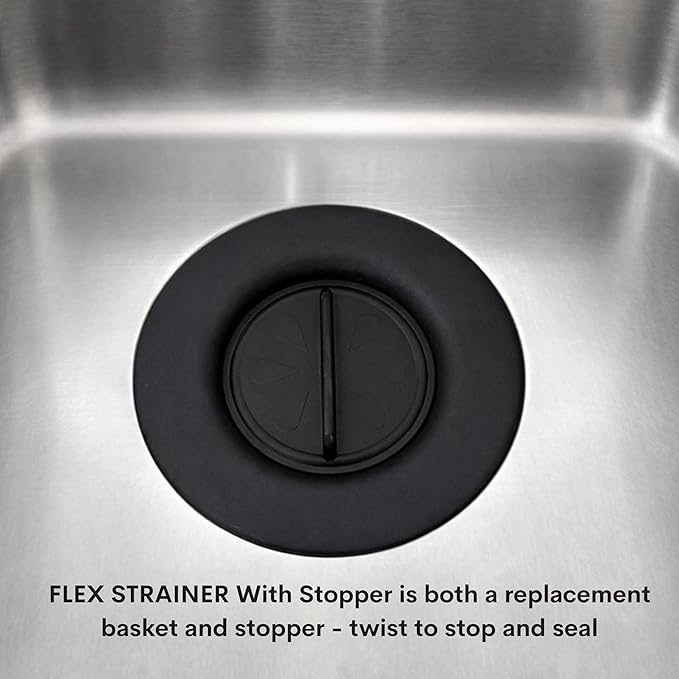 Flex Strainer® Sink Drain Strainer with Optional Stopper – No Center Stem, Fits Standard 3½” Sink Drains & Disposals – Easy Clean, Dishwasher Safe – Made in USA – Black, 2-Pack
