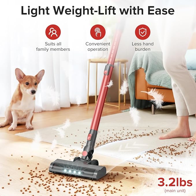 Cordless Vacuum Cleaner with Self-Standing, 40KPA Stick Vacuum Cleaners for Home, 8-in-1 Lightweight Rechargeable Vacuum, 7-Layer Filtration,Ideal for Carpet, Pet Hair, Hardwood Floors
