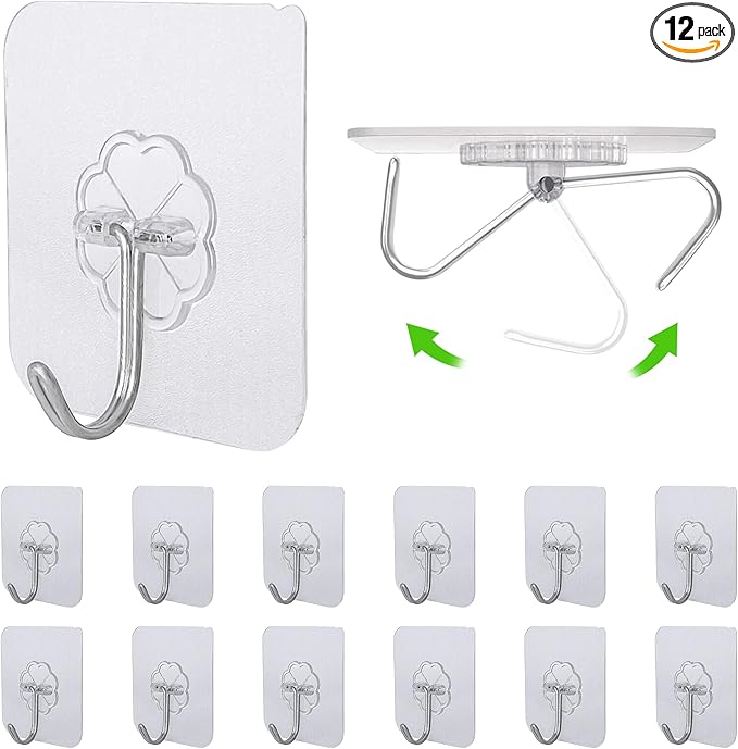 12 PCS Self Adhesive Hooks for Hanging - 33lb Max, Transparent Stick on Hooks for Coat & Towel - Sticky Hooks for Hanging Heavy Duty Picture, No Damage Wall Hook for Bathroom, Kitchen, Ceiling & Key