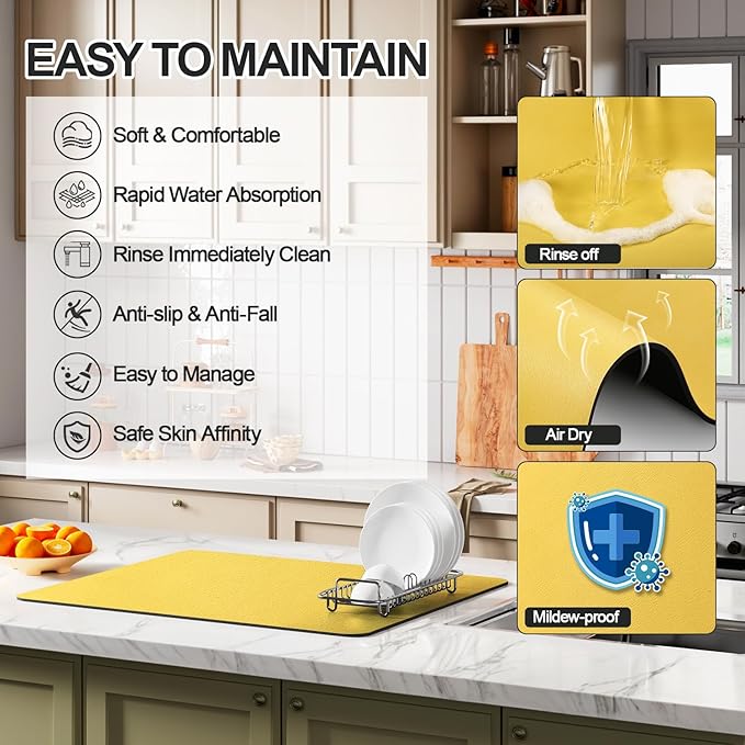 Dish Drying Mat for Kitchen Counter | Coffee Bar Mat for Countertops | Heat Resistant Drainer Mat with Non-slip Rubber Backed | Hide Stain Kitchen Absorbent Draining Mat | Yellow 16"x18"