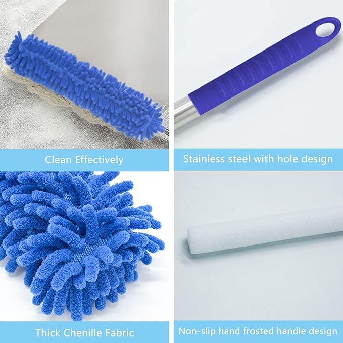 Cobweb Duster with Extension Pole, Washable Cleaning Duster Kit with 3 Duster Heads, Cobweb Duster, Corner Brush, 15-100 Inch Long Aluminum Telescoping Pole for Ceiling Fan (Blue)