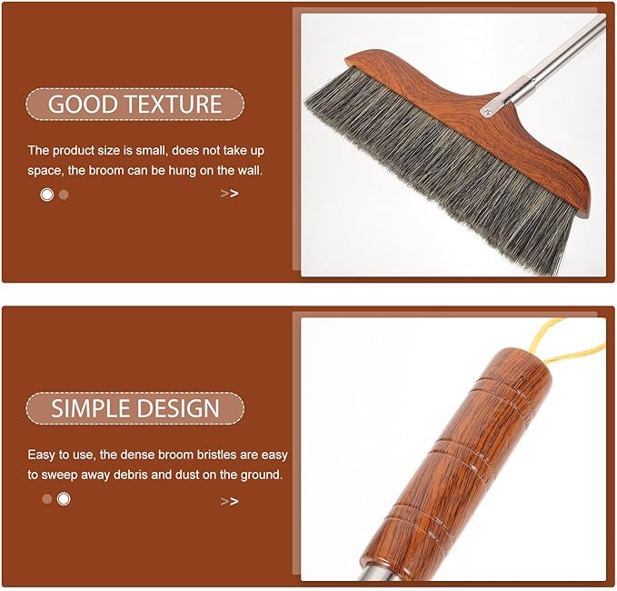 Yardwe Horse Hair Soft Bristle Broom Wooden Handle Angle Broom Floor Cleaning Broom Hair Removal Sweeper Carpet Sweeping Brush for Indoor Outdoor Kitchen