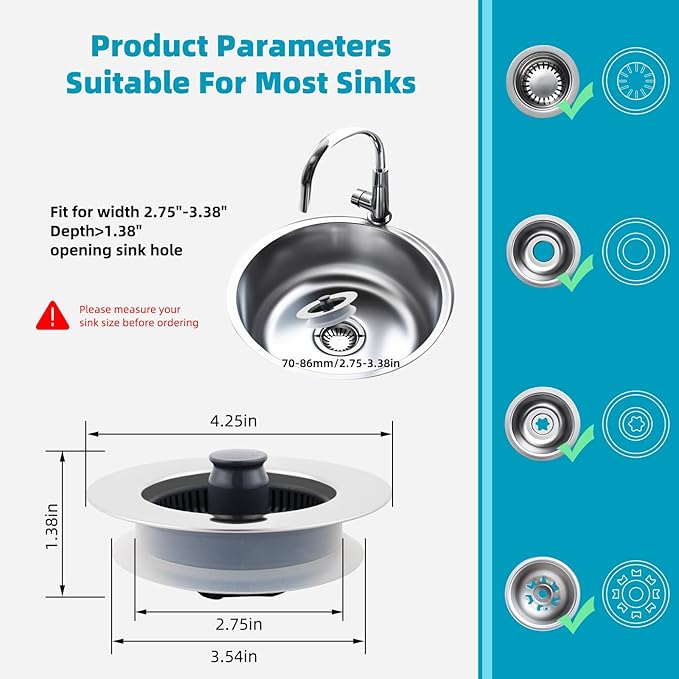 Hibbent 2 Pack 3 in 1 Kitchen Sink Drain Strainer, Stainless Steel Wrapped Shell Drain Stopper Combo, Pop Up Sink Stopper, Anti-Clogging Basket Strainer with Handle for US Standard 3-1/2" Drain