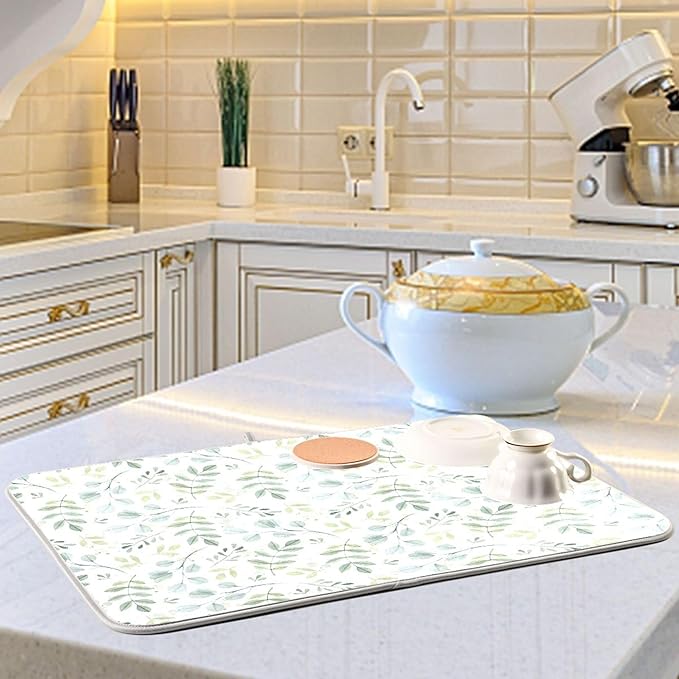 Eucalyptus Leaves Dish Drying Mat for Kitchen Countertop 16x18 Green Small Drying Mat Reusable Quick Dry Dish Sink Mats Easy Clean Decorative Essentials