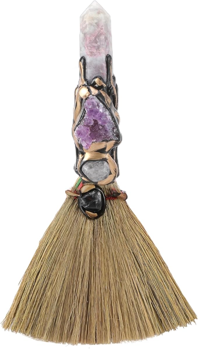Witchcraft Supplies Witches Broom - Wiccan Decor with Plum Blossom Tourmaline Altar Supplies with Fluorite Natural Healing Crystals Hexagonal Points Pagan Decor Reiki Energy Clearing Crafts