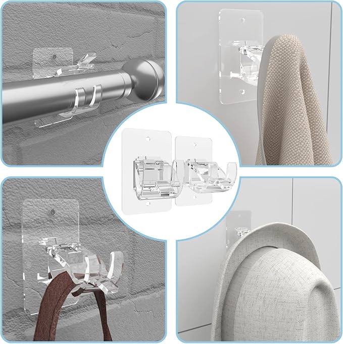 8PCS No Drill Curtain Rod Brackets, Self-Adhesive, Universal, Plastic & Stainless Steel, Wall Mount, Transparent