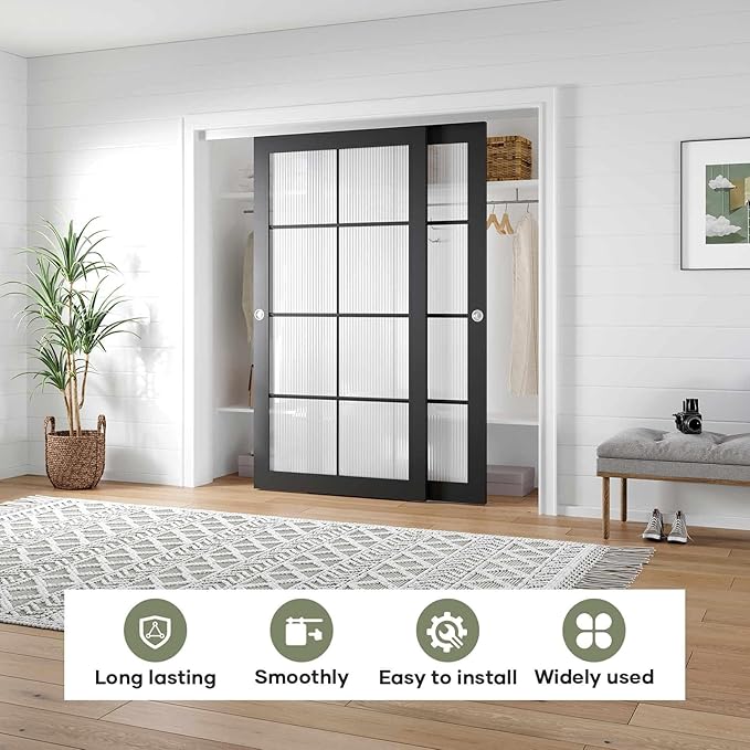 EaseLife 7FT/84in Bypass Double Sliding Pocket Door Hardware Kit,Commercial Grade,Aluminum,Bypassing Closet Door Track for 2 Door System,Slide Smoothly Quietly,Easy Install,No Doors