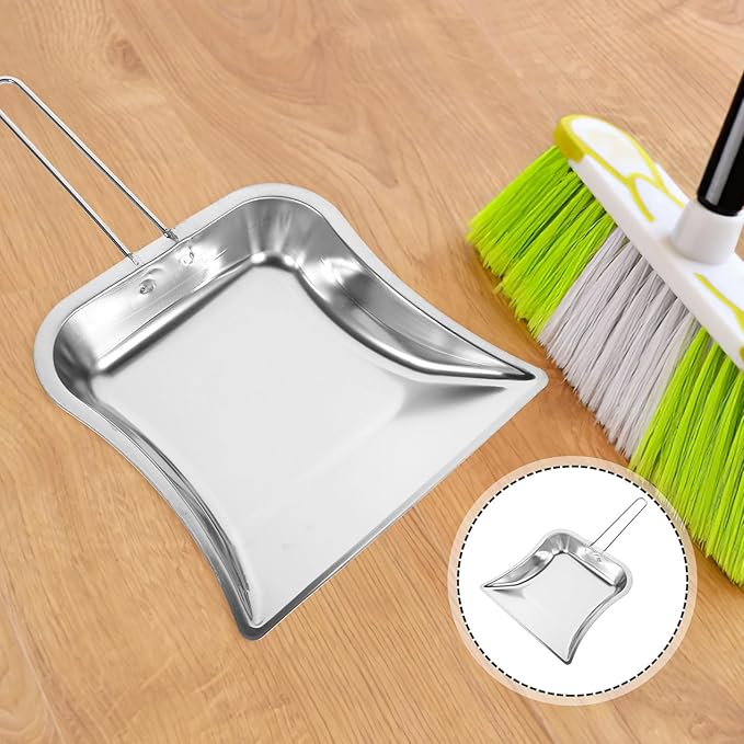 Artibetter Stainless Steel Handheld Dustpan 2pcs with Long Handles Portable Cleaning Shovel for Home Kitchen and Office Trash Collection