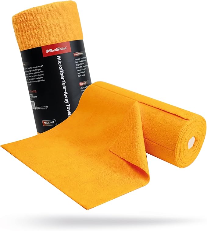 Maxshine Universal Orange Microfiber Tear-Away Towel Roll | 30 Reusable 12”x12” Sheets, 260GSM Terry Microfiber | Eco-Friendly Lint-Free Cleaning Cloths for Car Detailing, Home & Garage Use