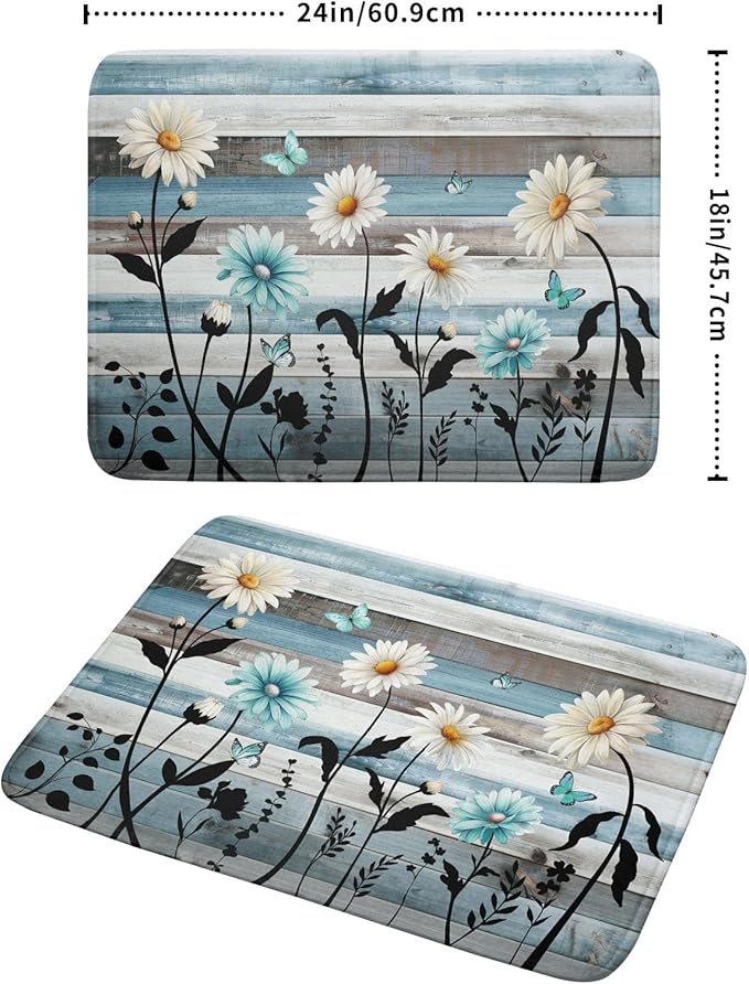Blue White Daisy Floral Dish Drying Mat for Kitchen Counter,Sprinng Rustic Wood Drying Mat 18 x 24 Inch with Absorbent Reversible Microfiber Drying Pad for Coffee Bar