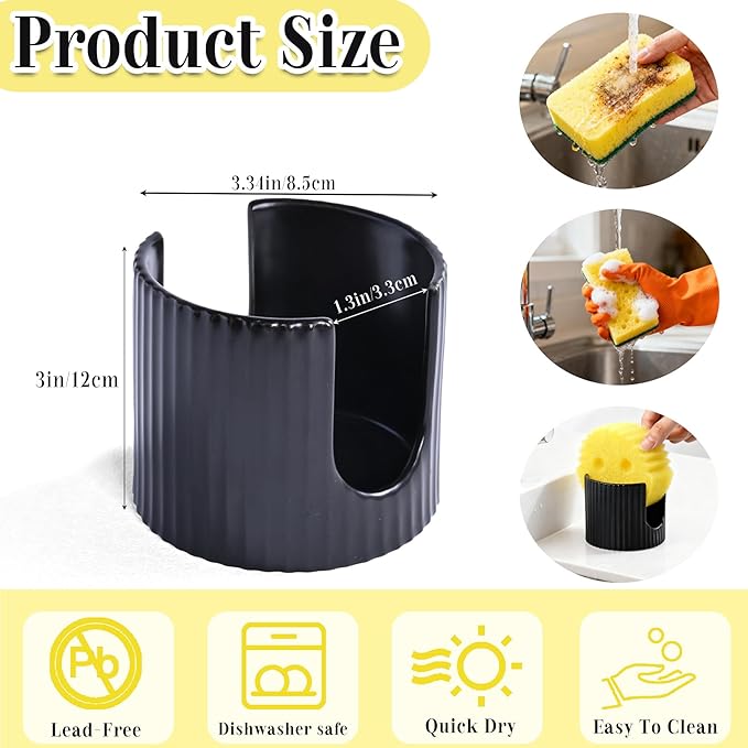 Ceramic Sponge Holder for Kitchen Sink - Dishwasher Safe Porcelain Dish Sponge Caddy Minimalist Vertical Stripes, Scrub Daddy Drying Rack for Countertop, Bathroom, Kitchen Sink Organizer, 2pcs