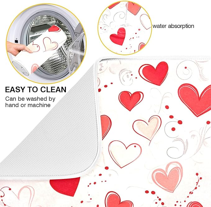 Happy Valentine’s Day Dish Drying Mat for Kitchen Countertop 18x24 Love Heart Red Pink Large Drying Mat Reusable Quick Dry Dish Sink Mats Easy Clean Decorative Essentials