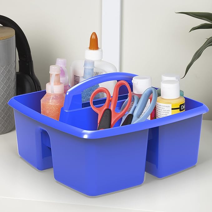 Storex 3-Compartment Small Caddy – Multipurpose Classroom Organizer with Handle, Azure, 6-Pack (00947A06C)