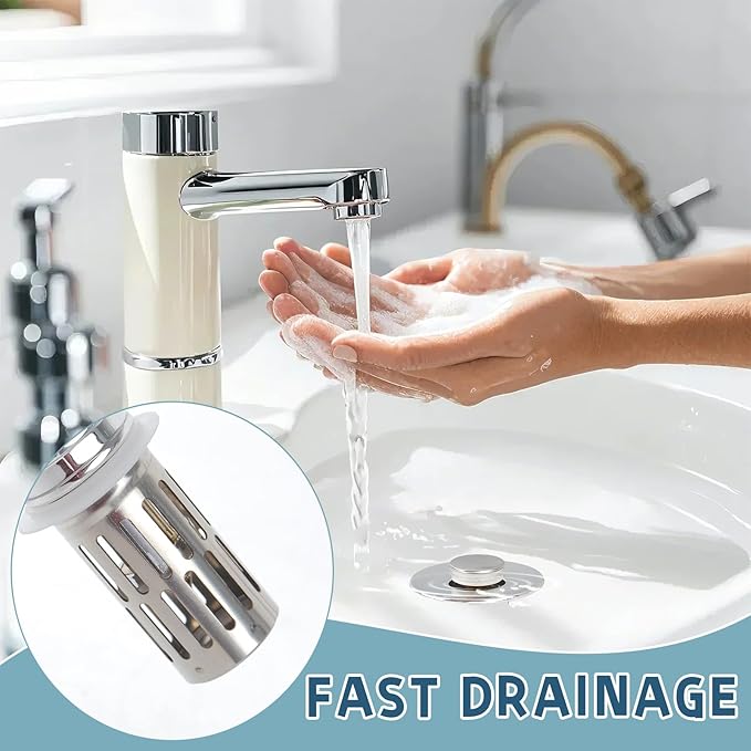 2 Pack Bathroom Sink Stopper for 1.06-1.50in, Universal Bathroom Sink Drain Pop Up Stopper for US Stainless Steel Floor Drain Filter, Universal Drain Filter with Hair Strainer(Silver)