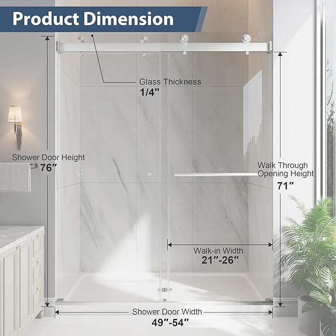 Frameless Double Sliding Shower Doors, 49-54" W x 76" H Shower Glass Door, 1/4" (6mm) Thick ANSI Certified Tempered Glass with Explosion-Proof Film and Nano Coating, Brushed Nickle