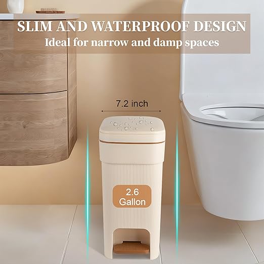 JiatuA Small Bathroom Trash Can with Lid Soft Close, 2.6 Gallon Step Garbage Can Slim Trash Bin Wastebasket for Kitchen Bedroom Office Living Room Toilet College Dorm, Cream