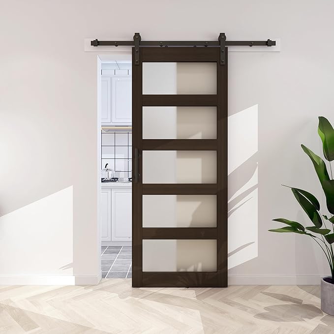BARNSMITH 30in x 84in Glass Barn Door with 5FT Sliding Door Hardware Kit Included & Handle,5-Panel Frosted Glass Solid Wood Slab with Water-Proof PVC Surface,Pre-Drilled Easy Assembly,Brown