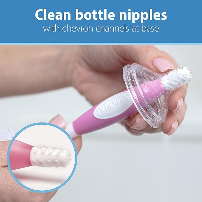 Dr. Brown's Soft Touch No Scratch Baby Bottle Cleaning Brush, Pink, 1-Pack + Deluxe Baby Bottle Brush with Vent Cleaning Brush, BPA-Free, Blue, 1-Pack