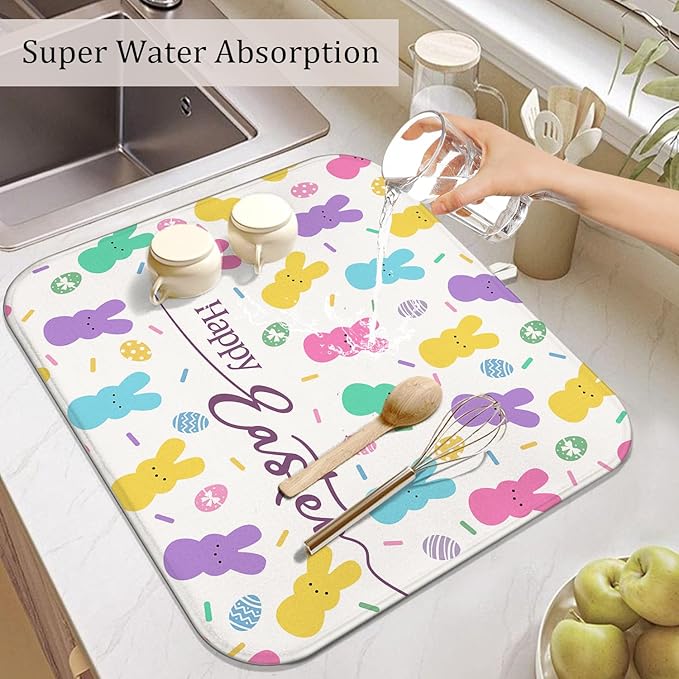 Happy Easter Dish Drying Mat for Kitchen Counter,Cute Bunny Microfiber Drying Mat,Washable Absorbent Kitchen Countertop Dish Mat Drain Pad 16×18 Inch