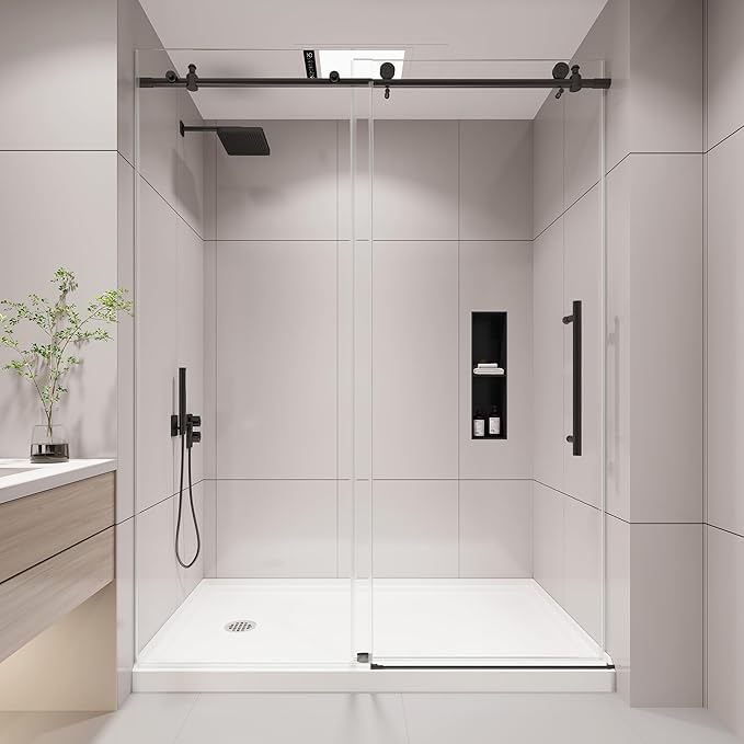 KPUY Frameless Shower Door, 61-66" W x 76" H Sliding Glass Shower Door, 1/4" (6mm) Thick Tempered Clear Glass with Explosion-Proof Film Nano Coating, Stainless Steel Hardware, Matte Black