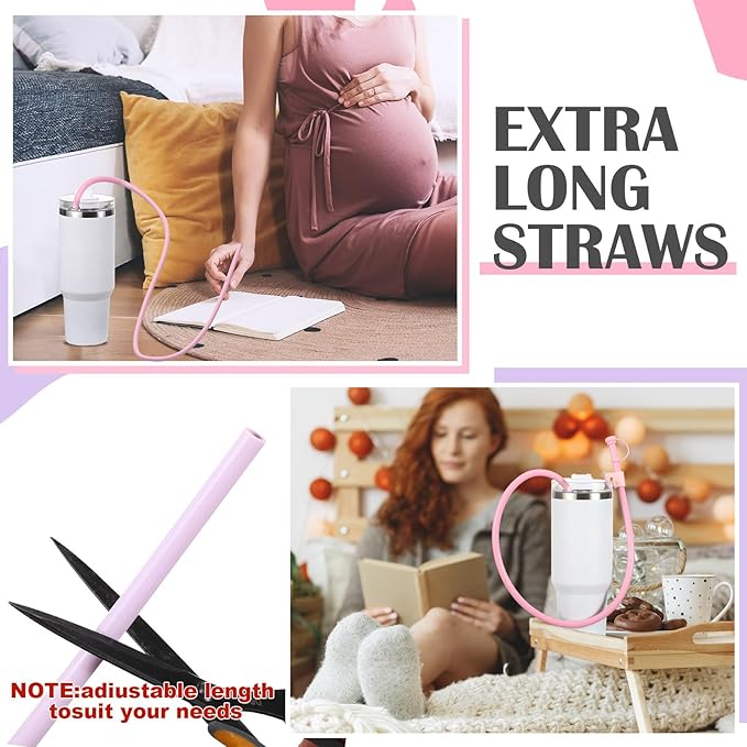 Baderke 2 Set Extra Long 35" Reusable Silicone Straws Compatible with Stanley 40 oz Tumbler Large Water Wine Bottle Flexible Drinking Straws & Cleaning Brushes Tumbler Accessories (Pink,Purple)