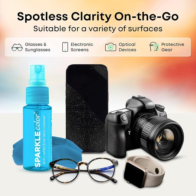 Sparkle Anti-Reflective Safe Lens Cleaner Spray Kit - (2) 1oz Glasses Cleaner Bottle & (2) Microfiber Cloth for Eyeglasses, Sunglasses, Lenses, Screens and Camera Cleaning Kit (4 Piece Set)