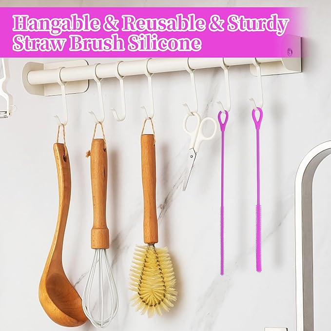 2Pcs silicone straw cleaning brushes, extra long, used for Cleaning Glass Metal Smoothie Straws and StrawCups,Non-slip Handle Soft and Bendable, 6mm+9mm. (Purple)