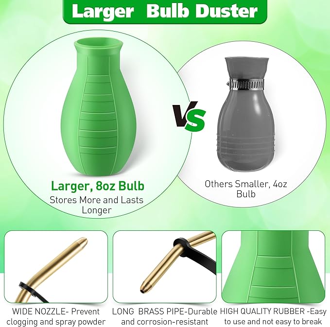Diatomaceous Earth Powder Duster, 8OZ Garden Powder Applicator Dispenser with Long Metal Tube, Bulb Duster Sprayer for Home Organic Gardening Agricultural Supply(Green,1 Pack)