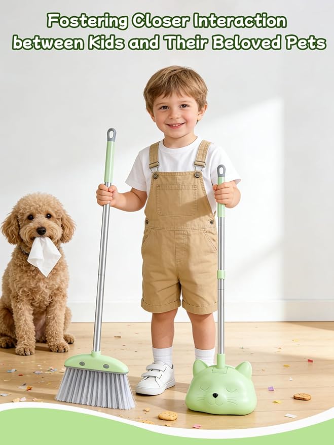Kids Cleaning Toy 3-Piece Set - Broom, Dustpan & Mop | 28-Inch Mini Broom, Toddler Household Helper, Perfect Tool for Cleaning Tiny Corners, Adorable Cartoon Style (Green)