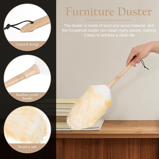 Lambswool Duster Handheld Dust Sweeper 22cm Soft Wool Head Static-Free Cleaning Brush for Home Furniture Car Interior and Sofa Dust Removal